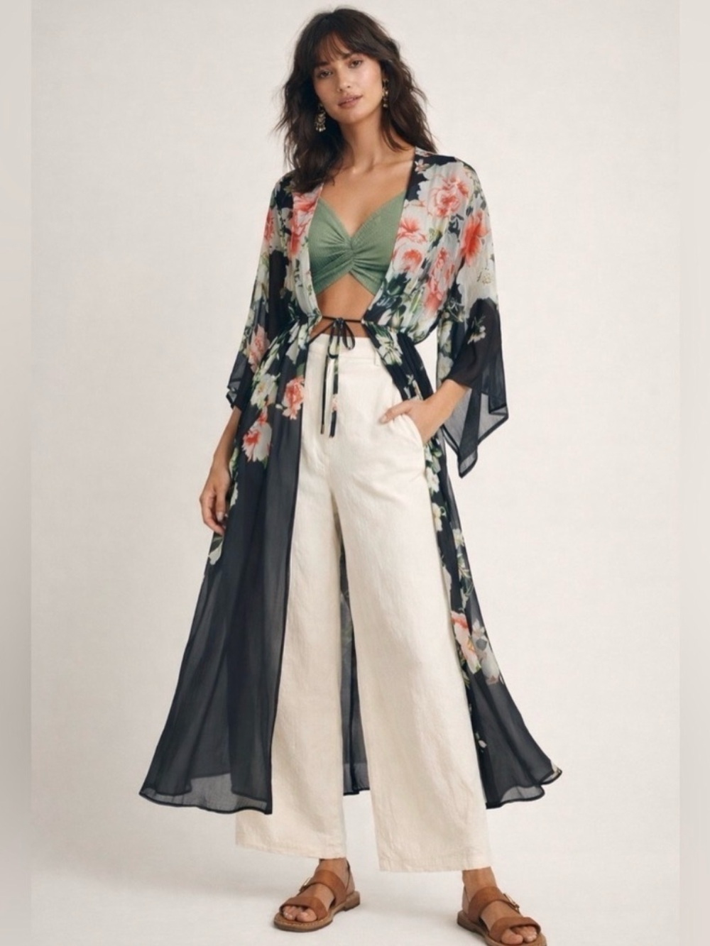 Floreat Sheer Kimono Duster - Black with Pink & Cream Blooms